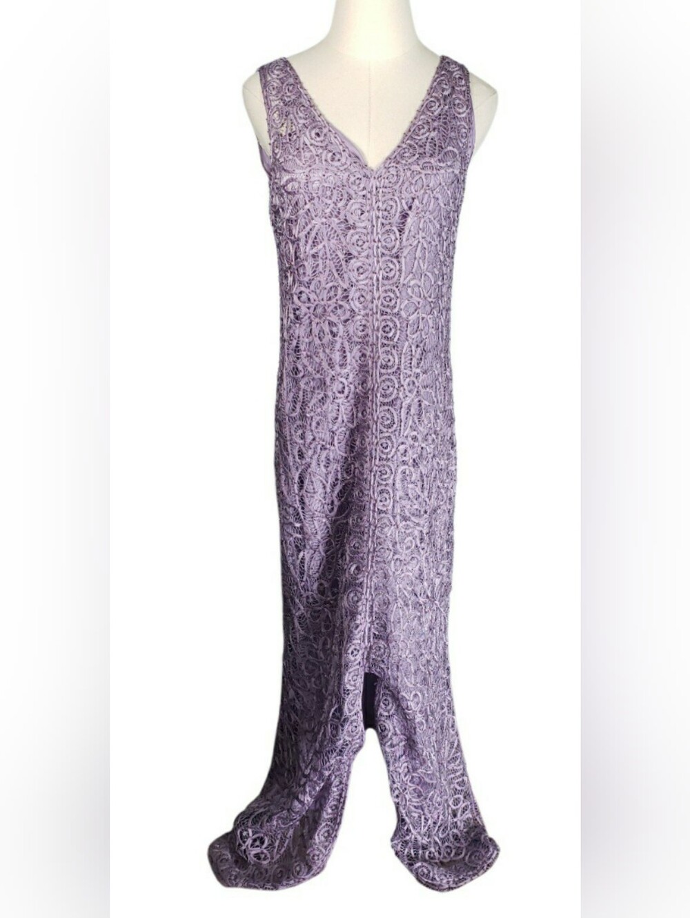 Soulmates Hand Crochet Soutach Lace Beads Lavender Wed Guest V-Neck Maxi Dress L